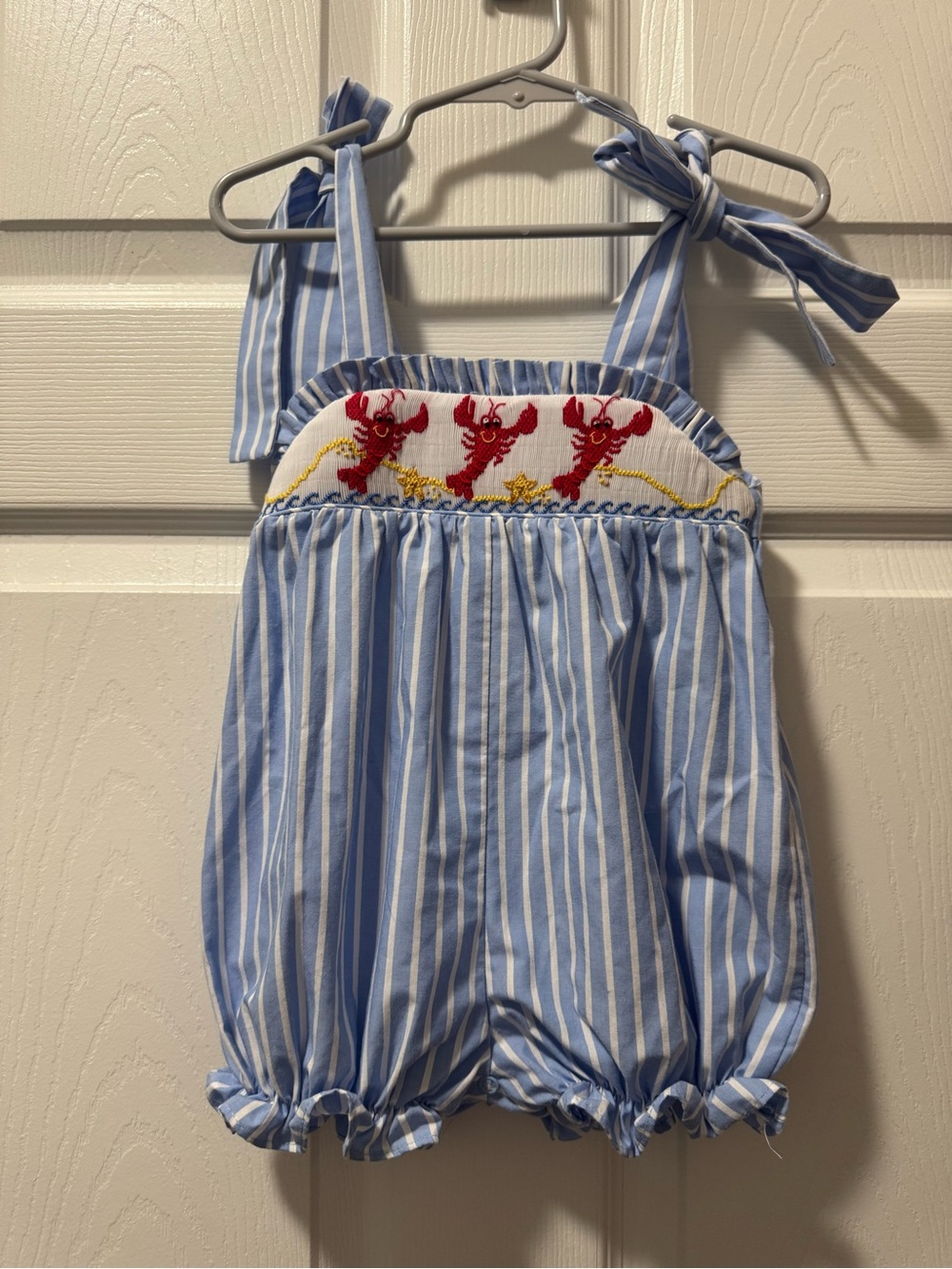 2/$25  Kelly's Kids Blue and White Striped Bubble Romper with Red Lobster Smock